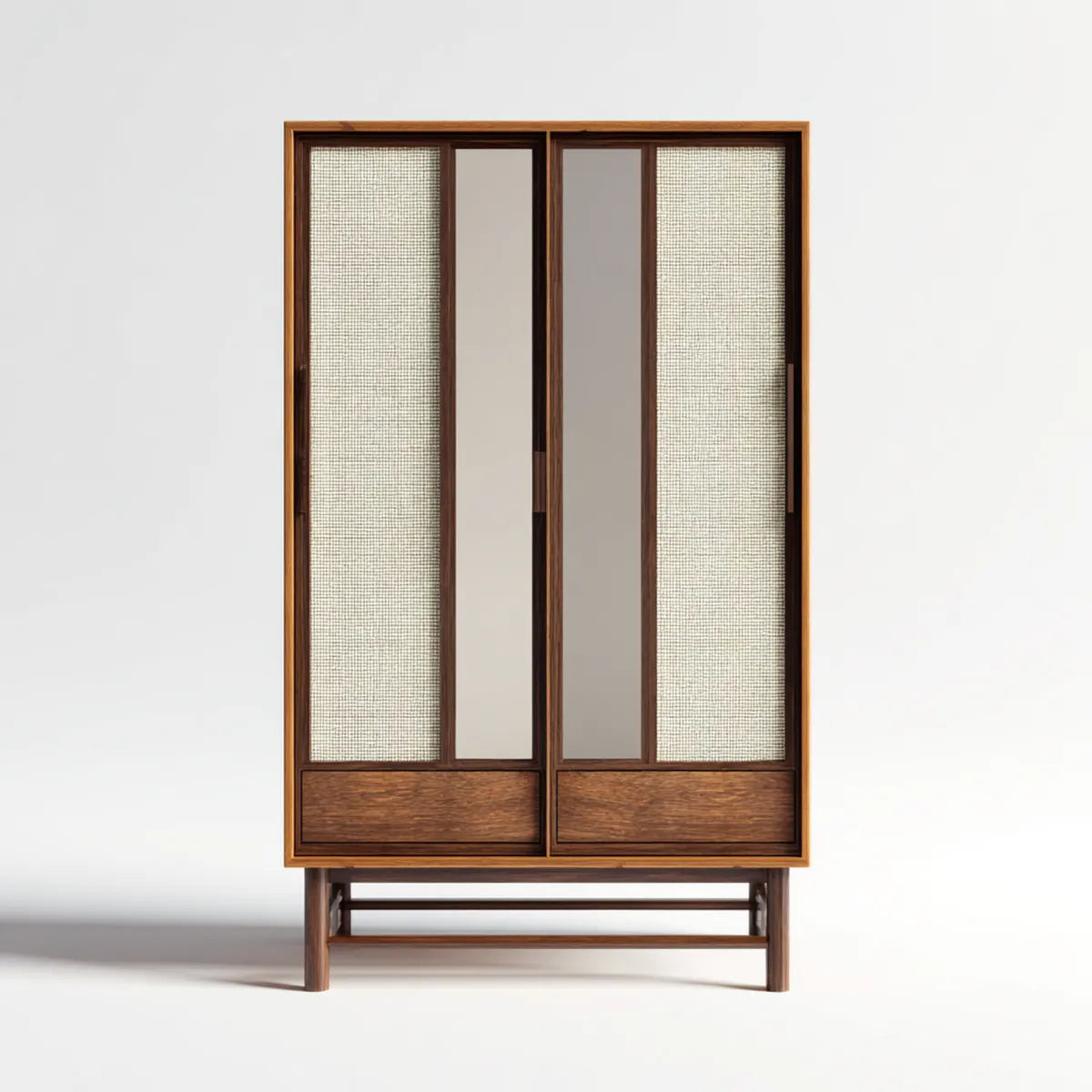 Armoire à portes coulissantes brun en noyer massif rotin et miroir rectangulaire 120 x 45 x 200 cm