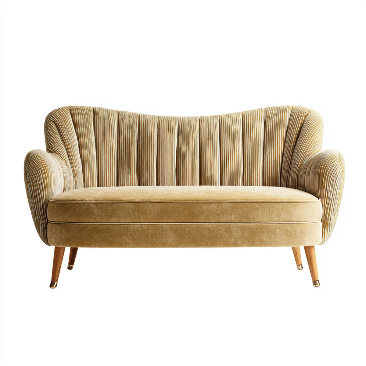 Canapé 2 places beige en velours de polyester à dossier plissé forme arrondie 135 x 78 x 85 cm