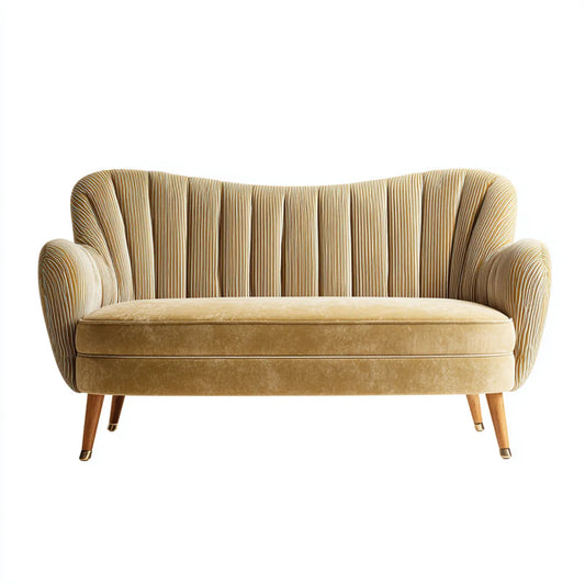 Canapé 2 places beige en velours de polyester à dossier plissé forme arrondie 135 x 78 x 85 cm