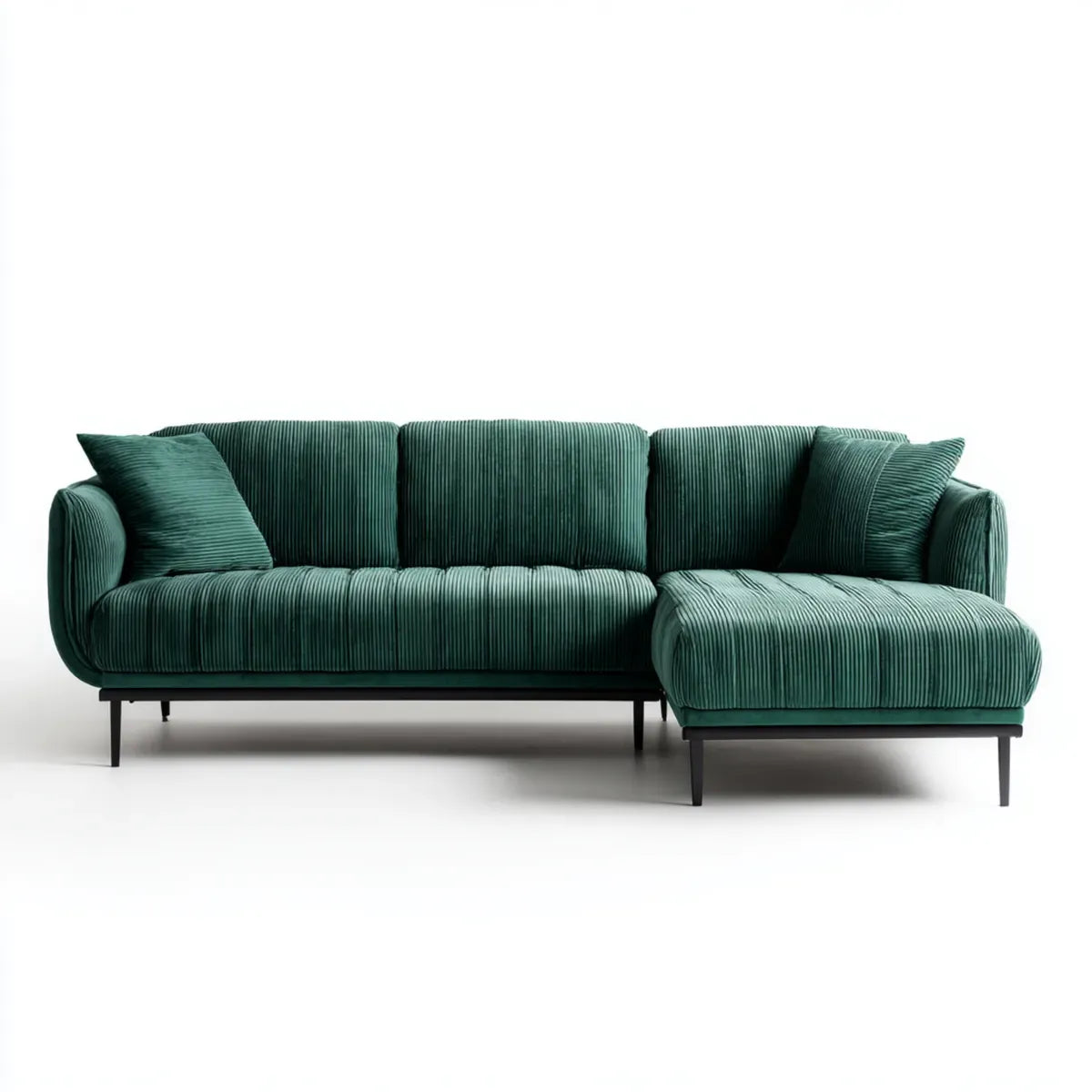 Canapé d'angle 3 places avec méridienne droite vert foncé en velours côtelé polyester 250 x 160 x 85 cm