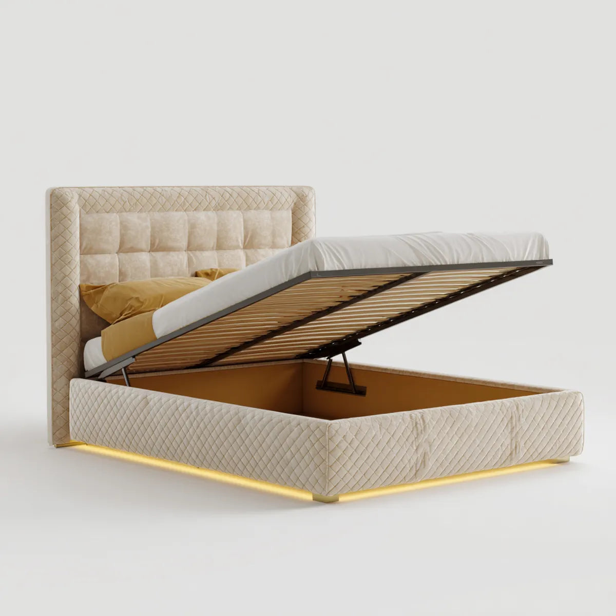Lit coffre 160 x 200 cm beige en velours de polyester rectangulaire avec tête de lit capitonnée