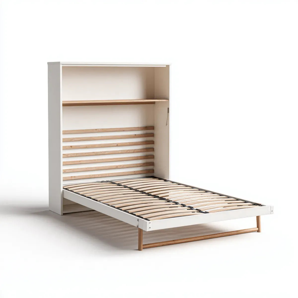 Lit escamotable vertical 1 place blanc et bois 90 x 190 cm en panneaux MDF mélaminés rectangulaire avec étagères de rangement