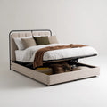 Lit coffre double beige 160 x 200 cm en velours polyester avec tête de lit en acier noir
