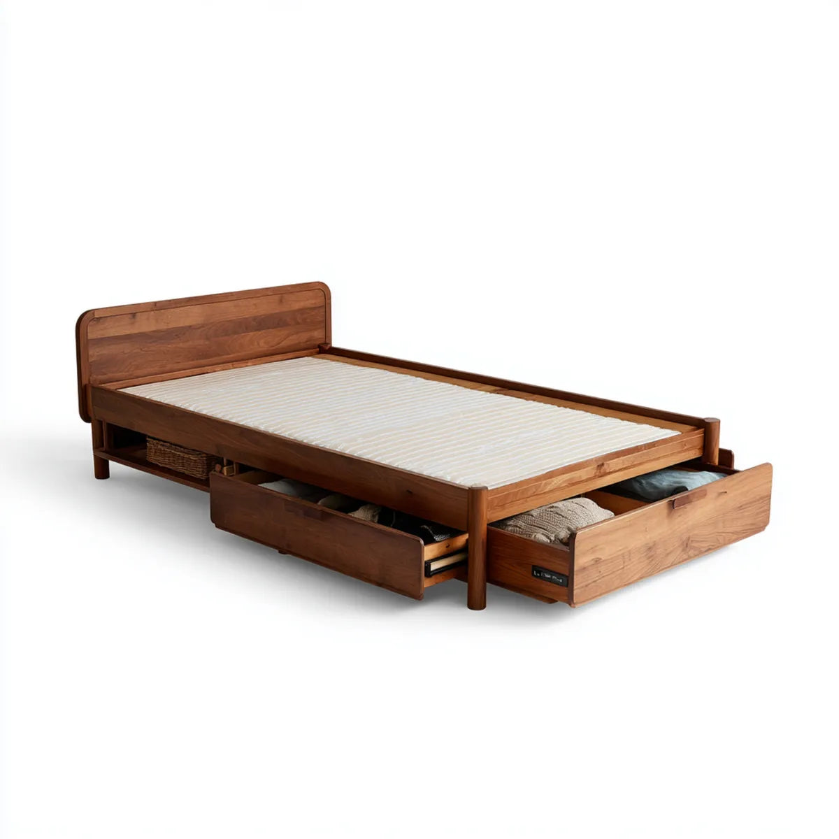Lit double avec tiroirs de rangement marron en bois massif d'acacia 160 x 200 cm rectangulaire