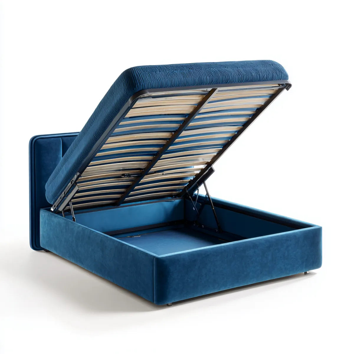 Lit coffre double bleu en velours polyester 160 x 200 cm avec sommier à lattes