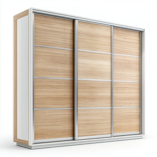 Armoire à portes coulissantes chêne clair blanc en panneaux de particules mélaminés et aluminium rectangulaire H 200 x L 180 x P 60 cm