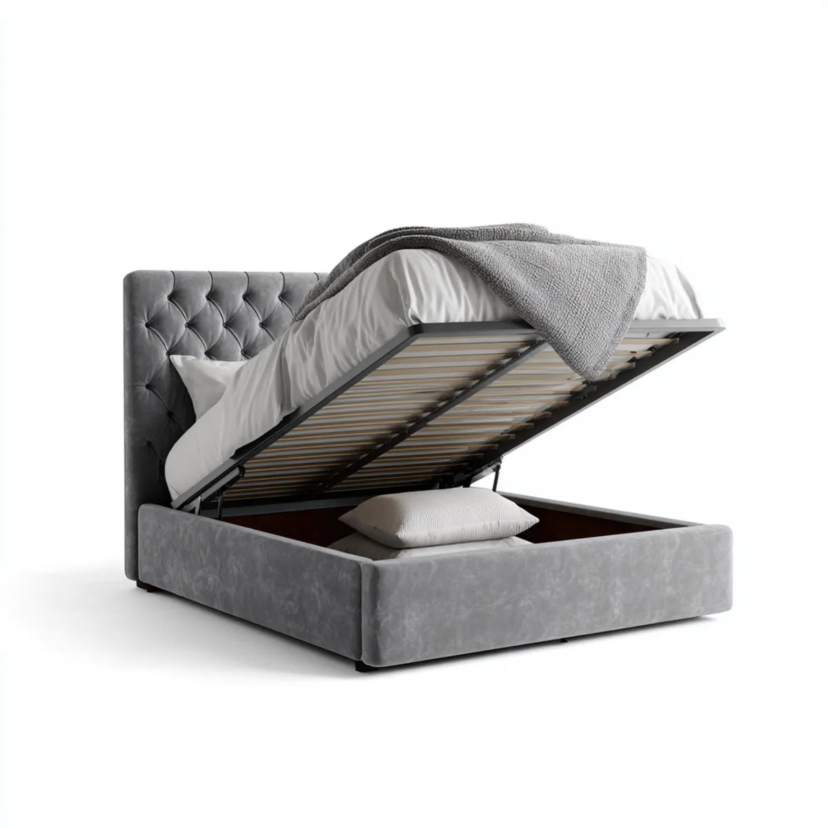 Lit coffre 160 x 200 cm gris en polyester avec tête de lit capitonnée rectangulaire
