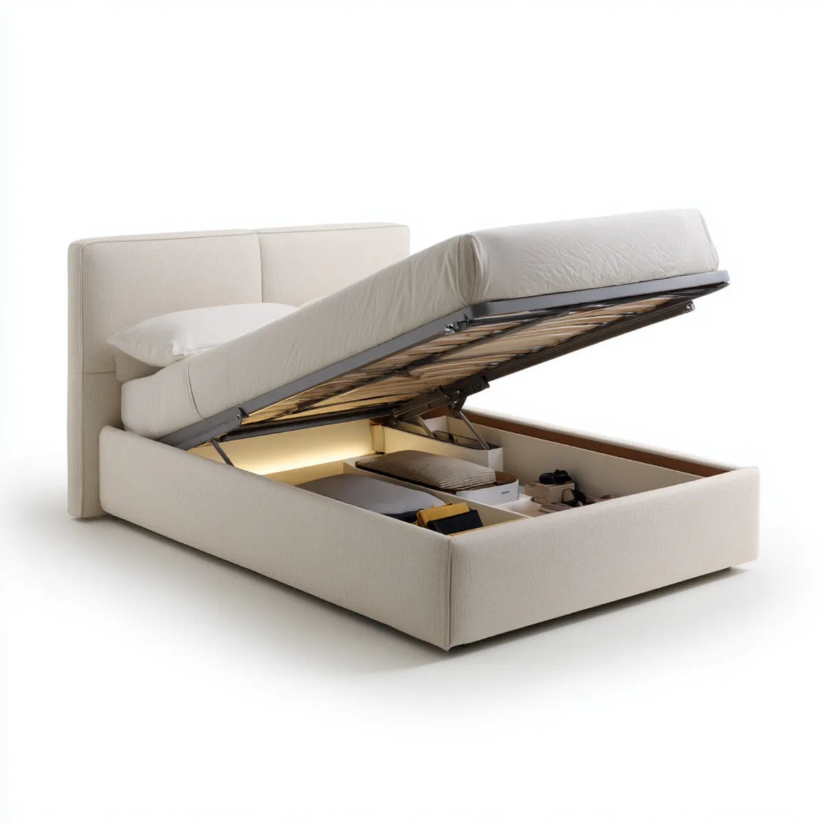 Lit coffre double beige 160 x 200 cm en polyester rectangulaire