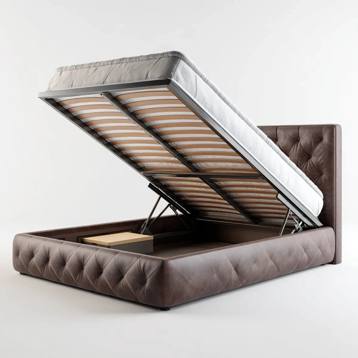 Lit coffre double en similicuir PU marron 160 x 200 cm avec sommier à lattes relevable