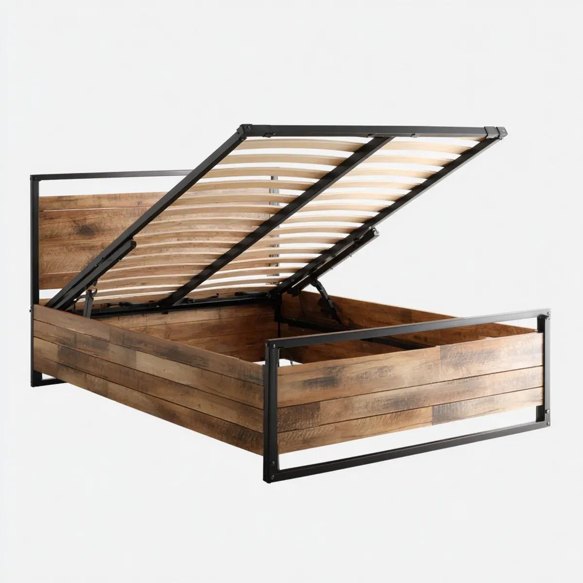 Lit coffre relevable 160 x 200 cm marron et noir en pin massif et acier rectangulaire