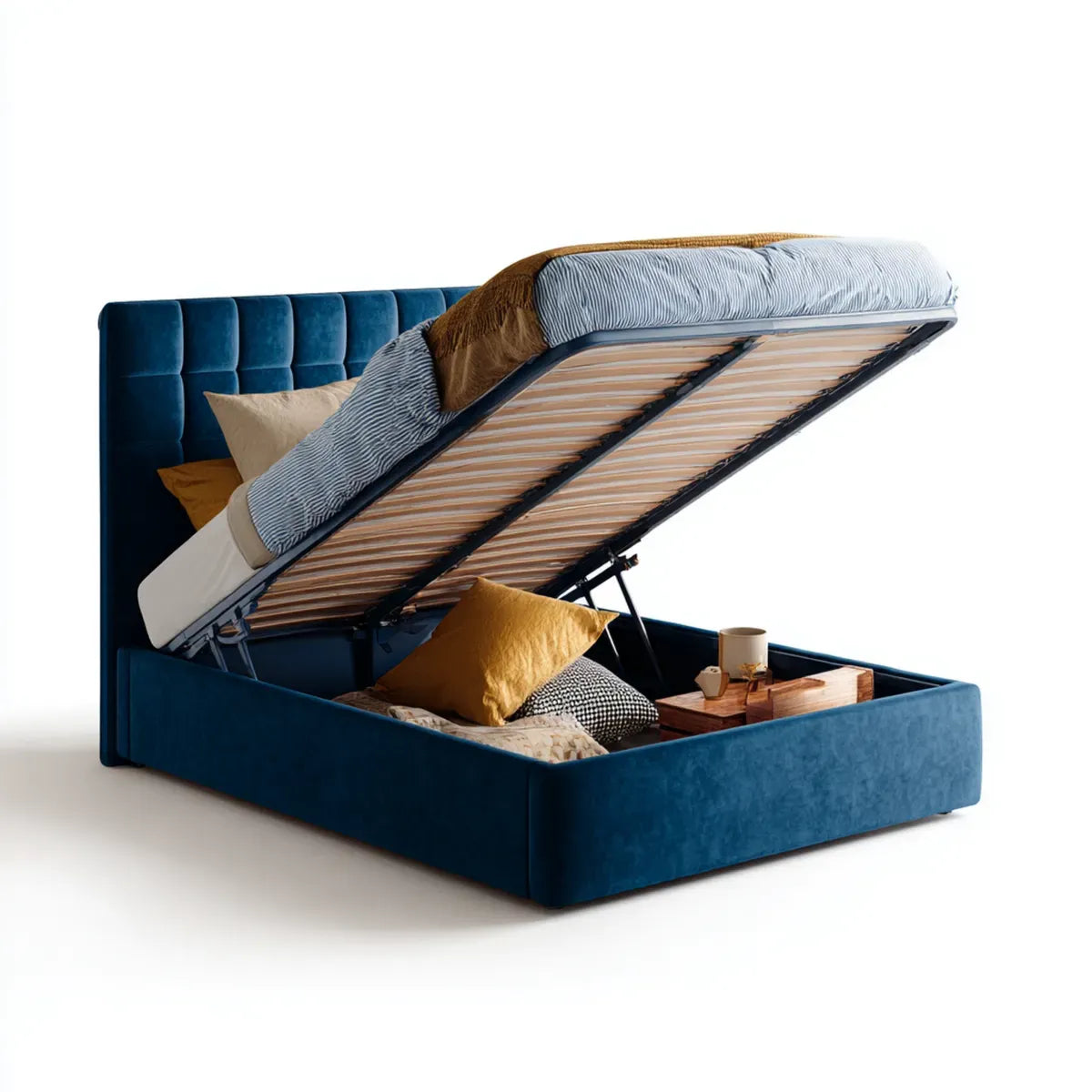 Lit coffre avec sommier relevable bleu 160 x 200 cm velours polyester rectangulaire