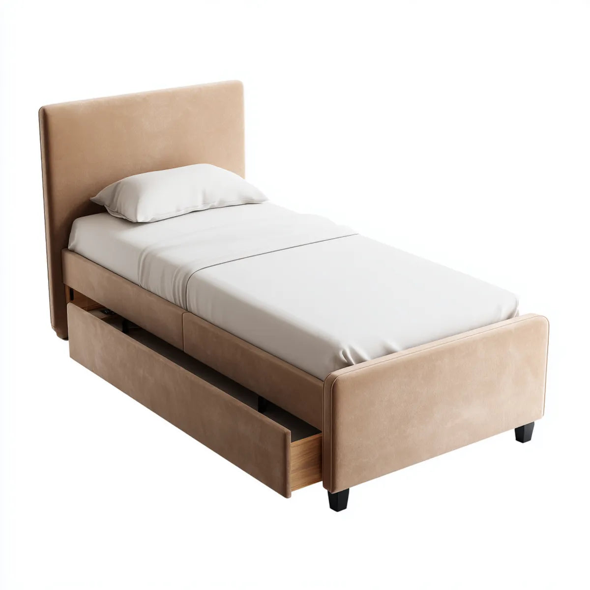 Lit simple avec tiroirs de rangement beige 90 x 190 cm en panneaux MDF et revêtement polyester rectangulaire
